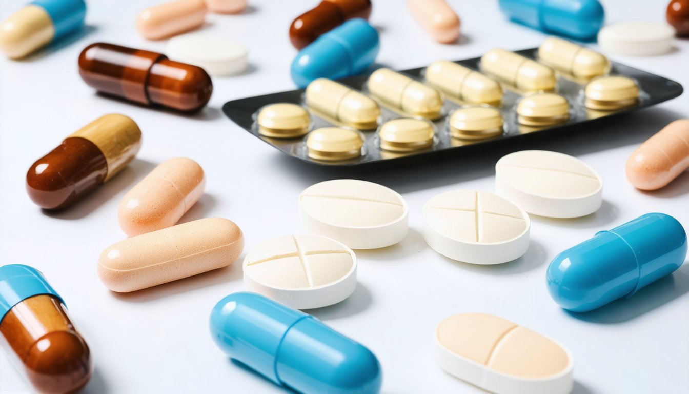 Bottles of men’s sexual health supplements with capsules on a table and a doctor’s stethoscope in the background